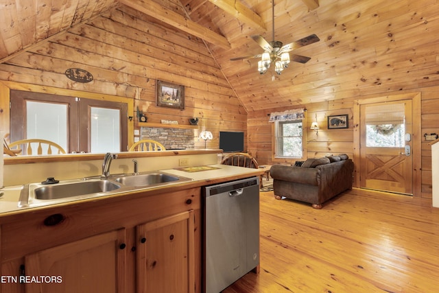 214 Tsali Way, Sevierville, TN 37876 - kitchen with stainless steel dishwasher, wood ceiling, a sink, open floor plan, and light wood-style floors