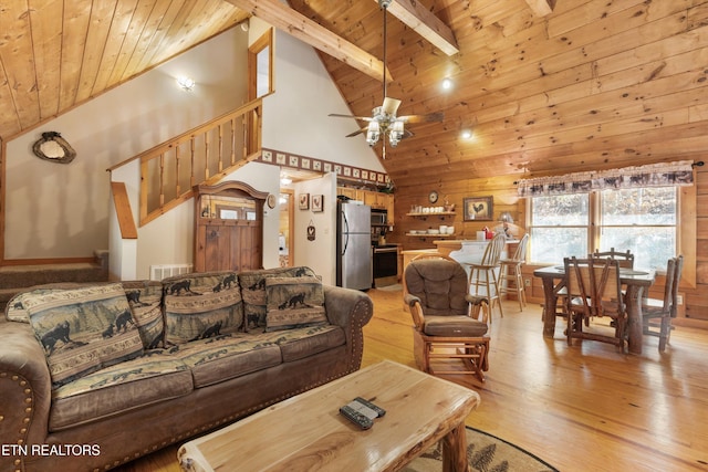 214 Tsali Way, Sevierville, TN 37876 - living room featuring wooden ceiling with exposed beams, ceiling fan, light wood-style flooring, high vaulted ceiling, and wooden walls