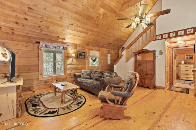 214 Tsali Way, Sevierville, TN 37876 - living area with light wood-type flooring, wooden walls, a ceiling fan, stairs, and wooden ceiling