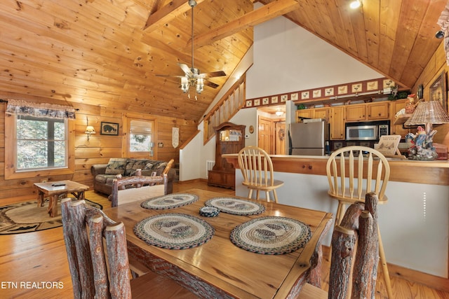 214 Tsali Way, Sevierville, TN 37876 - dining area featuring high vaulted ceiling, light wood-style floors, wooden walls, wood ceiling with exposed beams, and a ceiling fan