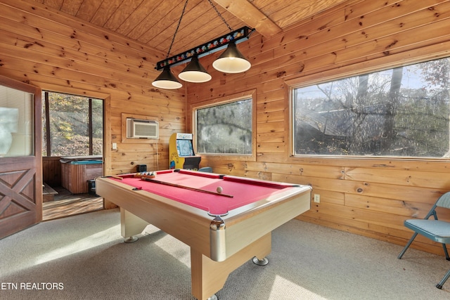 214 Tsali Way, Sevierville, TN 37876 - game room featuring wooden ceiling with exposed beams, carpet, wood walls, billiards, and a wall mounted AC