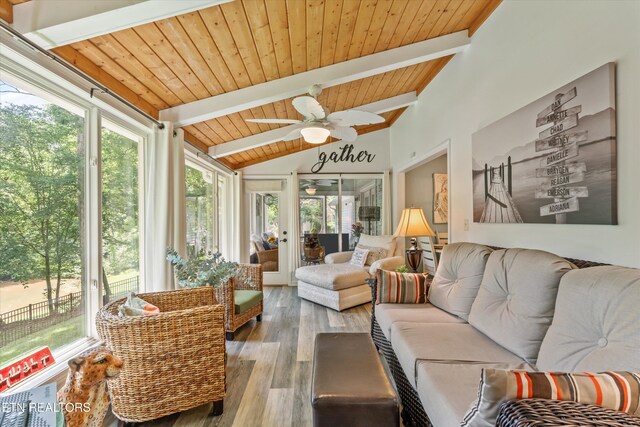109 Cheeskogili Way, Loudon, TN 37774 - sunroom / solarium with a ceiling fan, wood ceiling, wood finished floors, and an outdoor hangout area