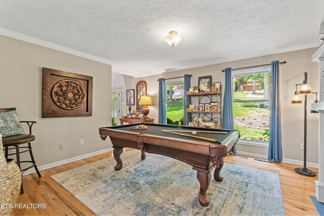 109 Cheeskogili Way, Loudon, TN 37774 - game room featuring light wood finished floors, billiards, a textured ceiling, crown molding, and baseboards
