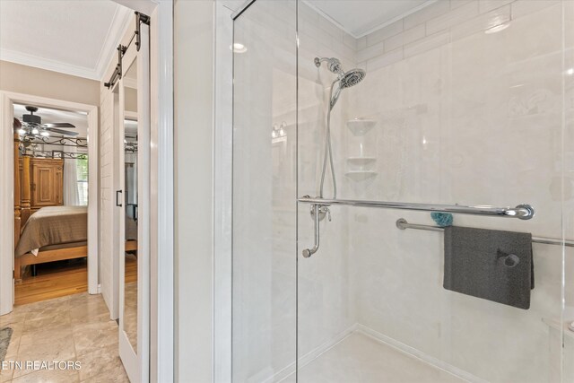 109 Cheeskogili Way, Loudon, TN 37774 - ensuite bathroom featuring crown molding, a stall shower, and a ceiling fan