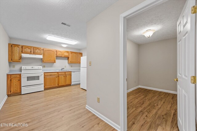 11514 Dobe Way, Knoxville, TN 37932 - kitchen featuring white appliances, under cabinet range hood, a textured ceiling, light wood finished floors, and baseboards