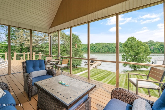 325 Pineberry Dr, Vonore, TN 37885 - sunroom / solarium featuring a water view, view of scattered trees, vaulted ceiling, and outdoor dining area