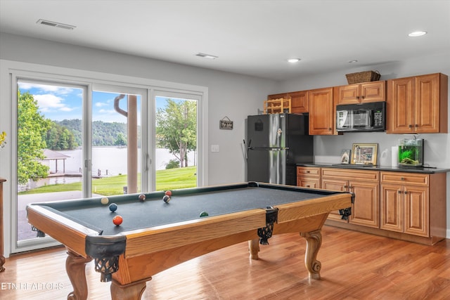 325 Pineberry Dr, Vonore, TN 37885 - rec room with pool table, light wood-style flooring, recessed lighting, and a water view