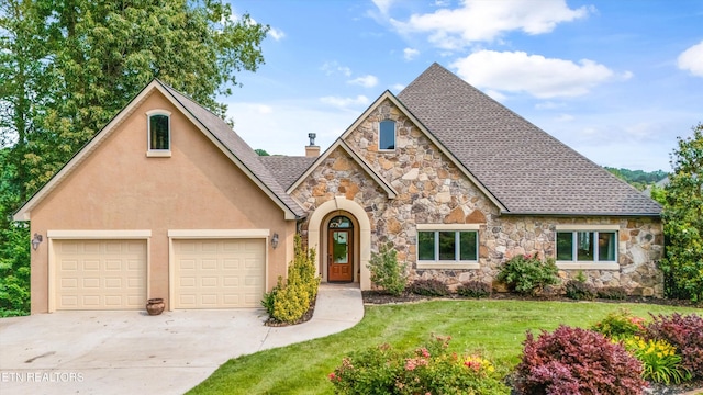 325 Pineberry Dr, Vonore, TN 37885 - view of front of property with stone siding, driveway, a garage, a front lawn, and a chimney