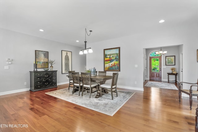 325 Pineberry Dr, Vonore, TN 37885 - dining area with a chandelier, recessed lighting, wood finished floors, and baseboards
