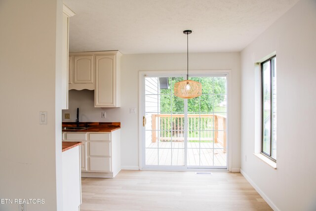 422 Willow Tree Ln, Morristown, TN 37814 - kitchen with light wood-style floors, butcher block countertops, and decorative light fixtures