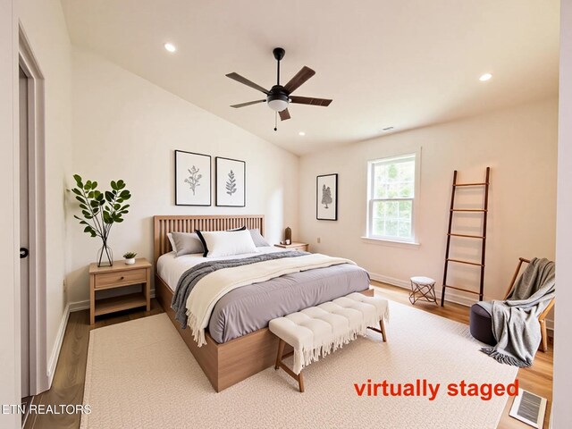 422 Willow Tree Ln, Morristown, TN 37814 - bedroom featuring wood finished floors, lofted ceiling, recessed lighting, and a ceiling fan