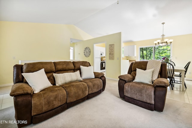 635 Gold Dust Dr, Pigeon Forge, TN 37863 - living area featuring a chandelier, lofted ceiling, baseboards, light tile patterned flooring, and light colored carpet