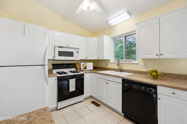 635 Gold Dust Dr, Pigeon Forge, TN 37863 - kitchen featuring white appliances, a sink, lofted ceiling, white cabinetry, and ceiling fan