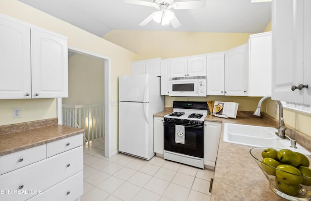 635 Gold Dust Dr, Pigeon Forge, TN 37863 - kitchen featuring white appliances, a sink, lofted ceiling, white cabinetry, and a ceiling fan