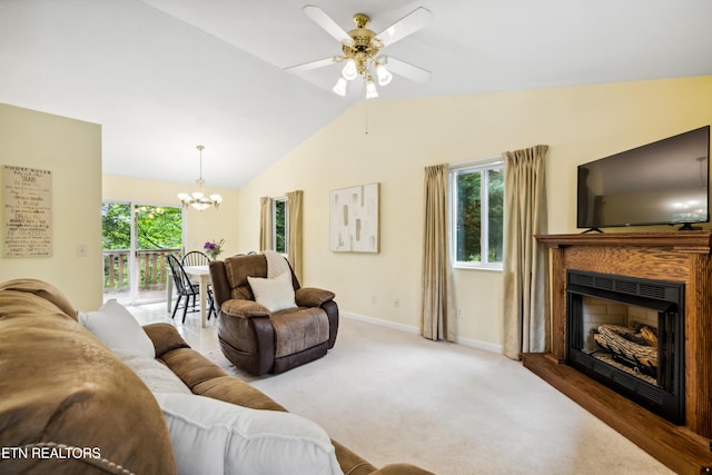 635 Gold Dust Dr, Pigeon Forge, TN 37863 - carpeted living room featuring a chandelier, a fireplace, baseboards, ceiling fan, and vaulted ceiling