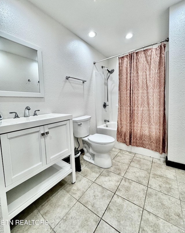 321 Coleman St, Harrogate, TN 37752 - bathroom with a textured wall, toilet, shower / tub combo, vanity, and recessed lighting