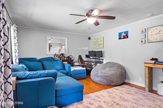 4884 Jones Cove Rd, Cosby, TN 37722 - living area with a ceiling fan, ornamental molding, wood finished floors, and a desk