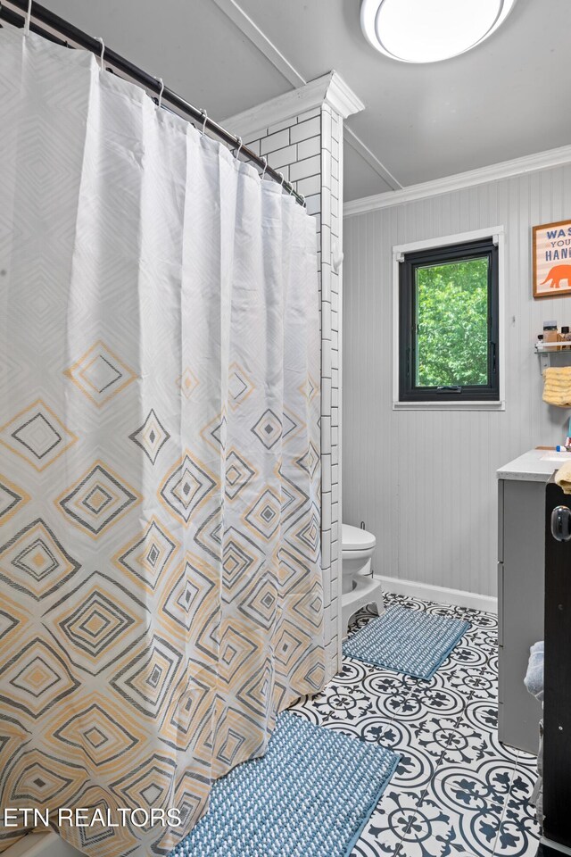 4884 Jones Cove Rd, Cosby, TN 37722 - bathroom featuring toilet, vanity, ornate columns, crown molding, and baseboards