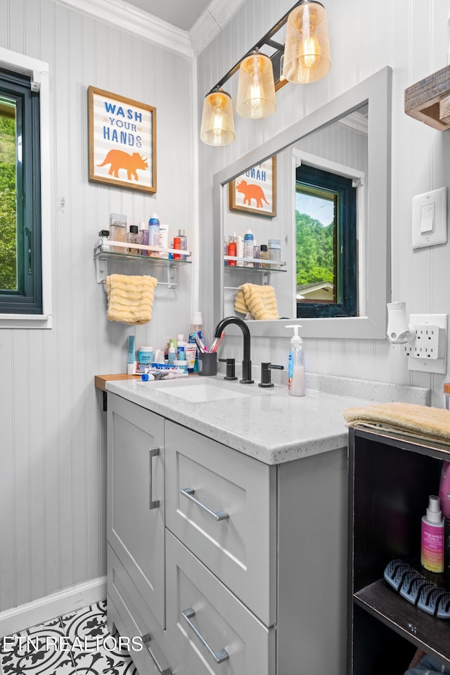 4884 Jones Cove Rd, Cosby, TN 37722 - bathroom featuring vanity, crown molding, and baseboards