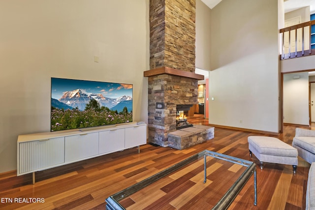 104 Maltese Ln, Oak Ridge, TN 37830 - living room featuring a high ceiling, wood finished floors, radiator heating unit, a stone fireplace, and baseboards
