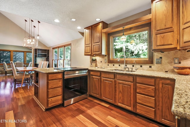 104 Maltese Ln, Oak Ridge, TN 37830 - kitchen with stainless steel range with electric cooktop, a sink, a chandelier, vaulted ceiling, and dark wood finished floors