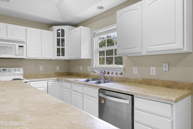 1713 Haley Glenn Ln, Knoxville, TN 37920 - kitchen featuring white appliances, a sink, white cabinetry, glass insert cabinets, and light countertops