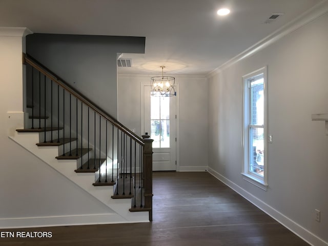 87 Royal Troon Cir, Oak Ridge, TN 37830 - entrance foyer featuring healthy amount of natural light, stairway, a chandelier, ornamental molding, and baseboards