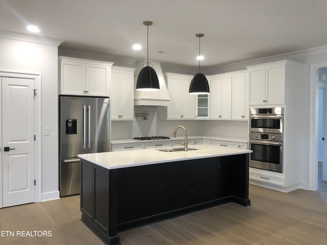 87 Royal Troon Cir, Oak Ridge, TN 37830 - kitchen with stainless steel appliances, a sink, wood finished floors, premium range hood, and light countertops