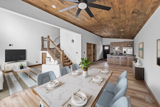 733B Country Oaks Ln, Lafollette, TN 37766 - dining space with light wood-style floors, wooden ceiling, stairs, a ceiling fan, and baseboards