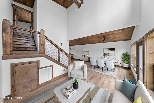 733B Country Oaks Ln, Lafollette, TN 37766 - living room featuring high vaulted ceiling, stairs, wood finished floors, baseboards, and wooden ceiling