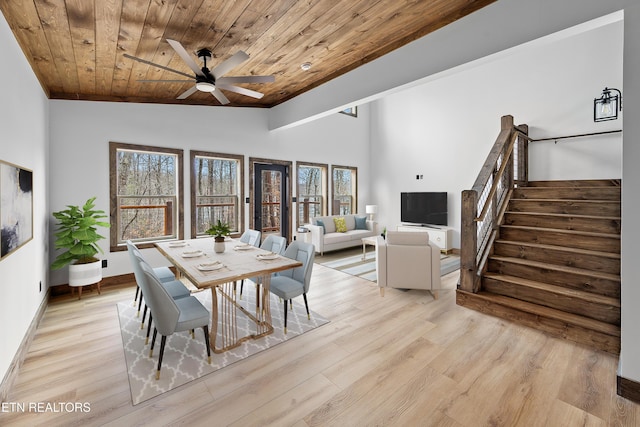 733B Country Oaks Ln, Lafollette, TN 37766 - dining space with wood ceiling, a ceiling fan, vaulted ceiling, stairway, and light wood-style floors