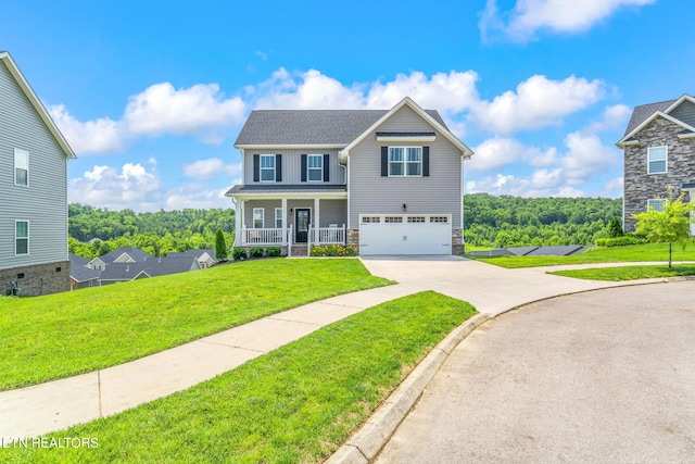 111 Chaseberry Rd, Oak Ridge, TN 37830 - traditional-style house with driveway, a garage, stone siding, a porch, and a front lawn