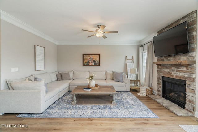 111 Chaseberry Rd, Oak Ridge, TN 37830 - living room featuring ceiling fan, a fireplace, crown molding, and wood finished floors