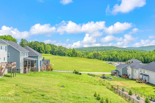 111 Chaseberry Rd, Oak Ridge, TN 37830 - view of yard with stairs, a view of countryside, a forest view, and a wooden deck