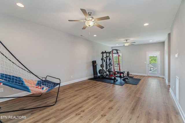 111 Chaseberry Rd, Oak Ridge, TN 37830 - exercise room with light wood-style flooring, a ceiling fan, and recessed lighting