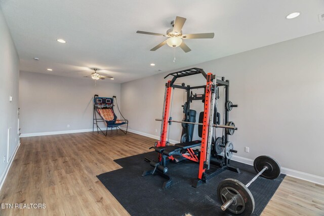 111 Chaseberry Rd, Oak Ridge, TN 37830 - exercise room with ceiling fan, wood finished floors, and recessed lighting