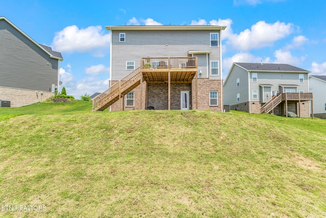 111 Chaseberry Rd, Oak Ridge, TN 37830 - back of house with stairway, a deck, brick siding, and a yard