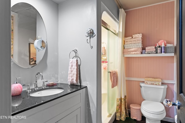 120 Kingdom Ln, Walland, TN 37886 - full bath featuring vanity, toilet, a shower with shower curtain, and wooden walls