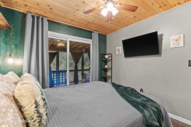 1159 Ditney Ln, Sevierville, TN 37876 - bedroom with access to exterior, wood ceiling, wood finished floors, ceiling fan, and baseboards