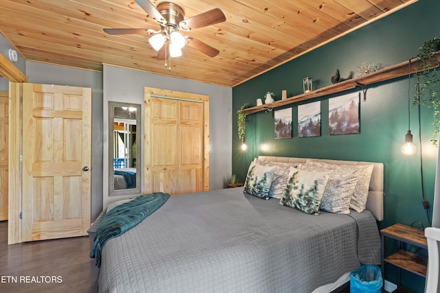 1159 Ditney Ln, Sevierville, TN 37876 - bedroom featuring wood finished floors, wood ceiling, a closet, and a ceiling fan
