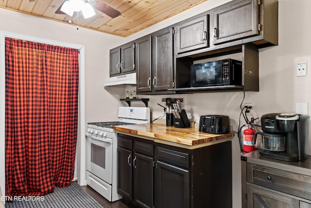 1159 Ditney Ln, Sevierville, TN 37876 - kitchen featuring white range with gas cooktop, under cabinet range hood, black microwave, wooden counters, and wood ceiling