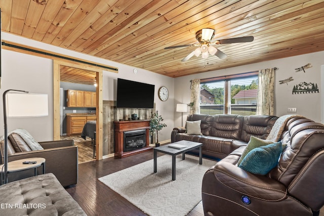 1159 Ditney Ln, Sevierville, TN 37876 - living area featuring wooden ceiling, a ceiling fan, a glass covered fireplace, and hardwood / wood-style floors