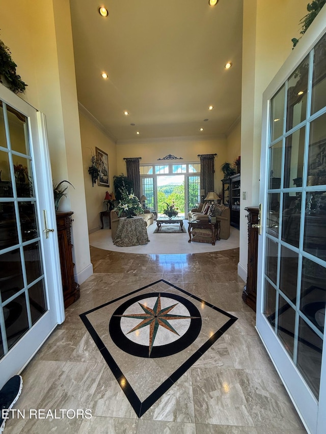 109 Divot Pl, Tazewell, TN 37879 - entrance foyer featuring marble tiled floors, ornamental molding, recessed lighting, and baseboards