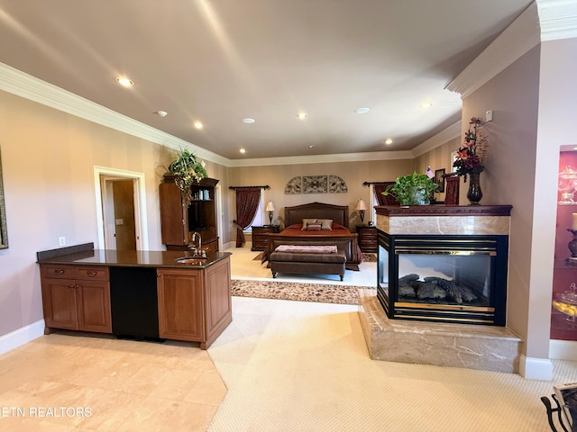109 Divot Pl, Tazewell, TN 37879 - bedroom featuring a sink, crown molding, a fireplace, recessed lighting, and baseboards
