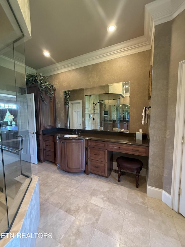109 Divot Pl, Tazewell, TN 37879 - full bath featuring ornamental molding, vanity, a shower stall, and a textured wall