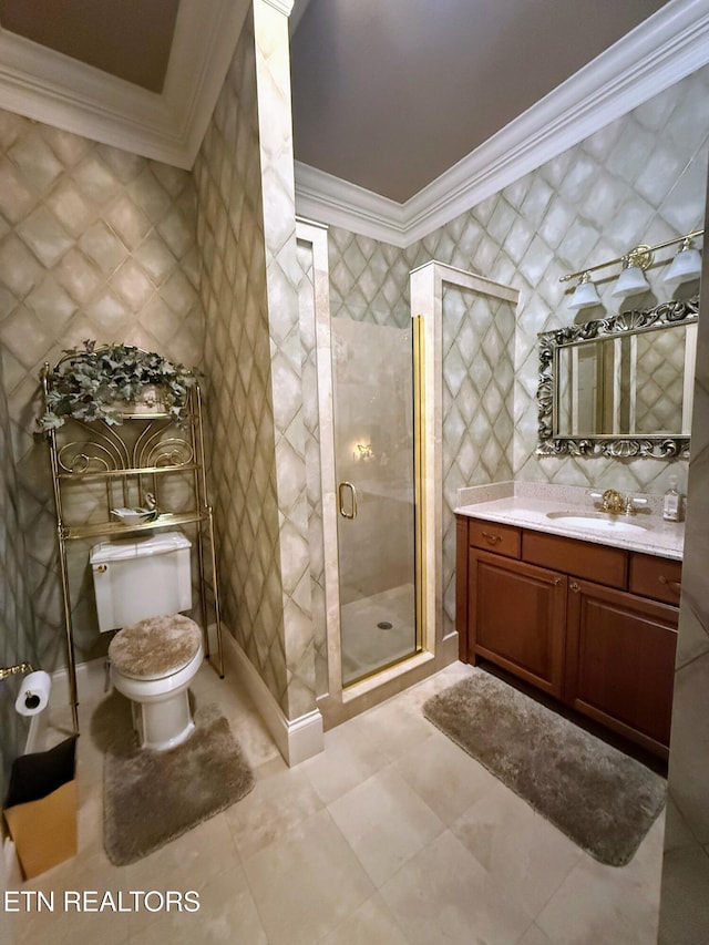 109 Divot Pl, Tazewell, TN 37879 - bathroom with crown molding, vanity, toilet, a shower stall, and tile walls
