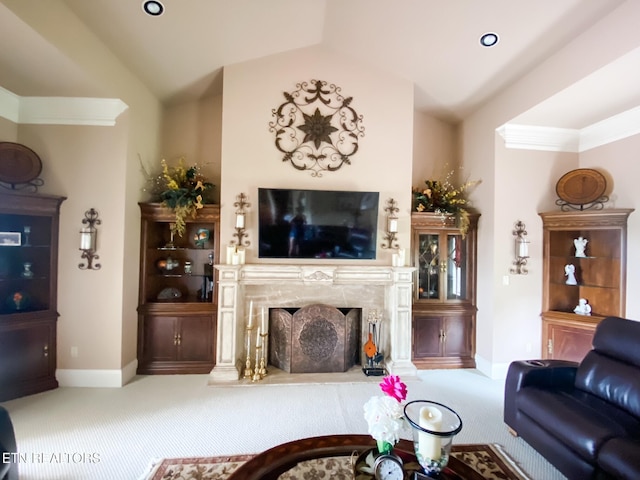 109 Divot Pl, Tazewell, TN 37879 - carpeted living area featuring lofted ceiling, a fireplace, and baseboards