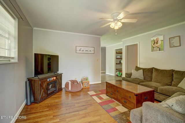 809 Topoca Trl, Athens, TN 37303 - living room with a ceiling fan, wood finished floors, ornamental molding, baseboards, and a fireplace