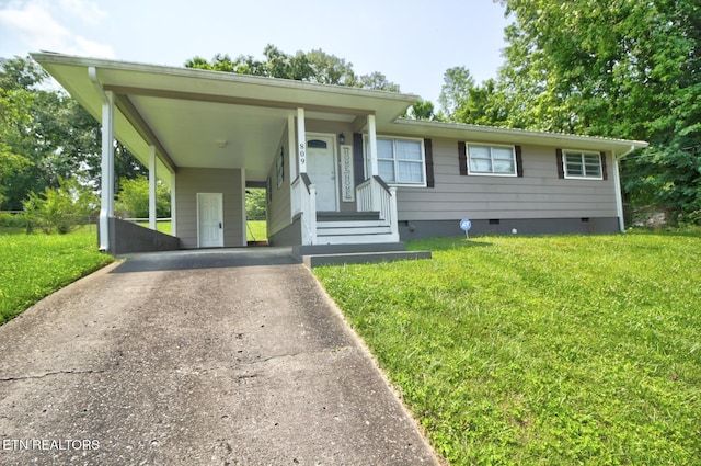 809 Topoca Trl, Athens, TN 37303 - view of front of property featuring crawl space, concrete driveway, a front lawn, and an attached carport
