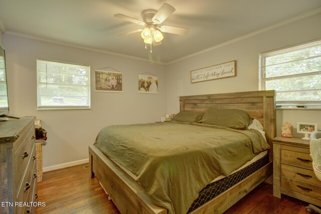 809 Topoca Trl, Athens, TN 37303 - bedroom with crown molding, dark wood-type flooring, baseboards, and a ceiling fan